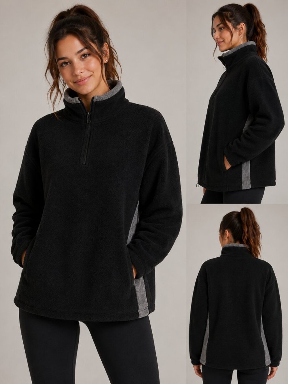 Tek Gear Women’s Black Gray Fleece Pullover Large 1/4 Zip Jacket